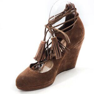 SCHUTZ Brown Suede Lace Up Wedge Heel Pumps With Tassels